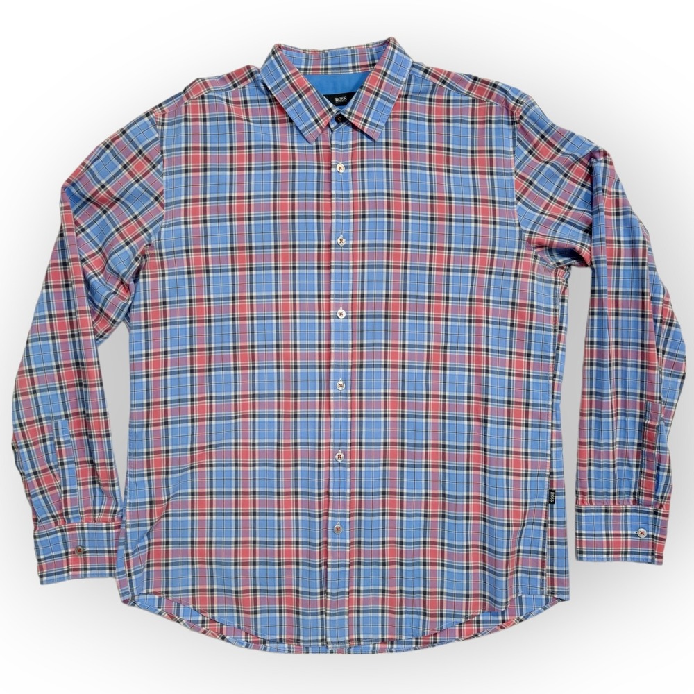Hugo Boss Shirt Mens XL Slim Fit Blue Red Plaid Button Up RONNY 50259302